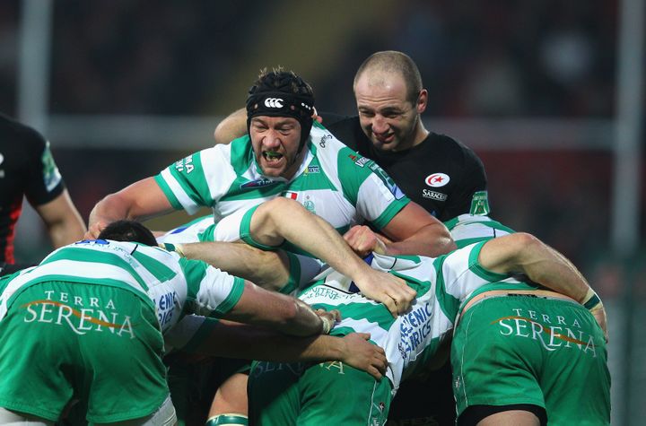 Les joueurs de Tr&eacute;vise lors d'un match face aux Anglais des Saracens en Coupe d'Europe de rugby &agrave; Tr&eacute;vise (Italie), le 13 novembre 2011.&nbsp; (DAVID ROGERS / GETTY IMAGES)