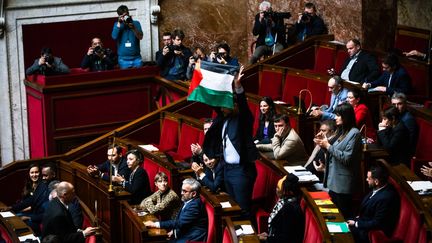 Le député LFI Sébastien Delogu brandissant le drapeau palestinien à l'Assemblée nationale, à Paris, le 28 mai 2024. (AMAURY CORNU / HANS LUCAS / AFP)