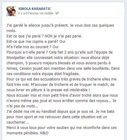 Capture d'&eacute;cran du message post&eacute; le 2 octobre 2012 par le handballeur&nbsp;Nikola Karabatic sur Facebook.&nbsp; (FACEBOOK / FTVI)