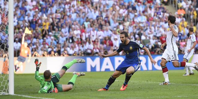 Gonzalo Higuain marque mais il est signalé hors jeu à la 30e minute de la finale