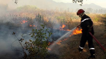 &nbsp; (Un pompier maîtrisant la fin d'un incendie en Corse-du-Sud en 2013. © Maxppp)