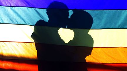 Deux hommes s'embrassent derri&egrave;re un drapeau arc-en-ciel pendant une manifestation pour les droits des homosexuels, &agrave; Rio de Janeiro (Br&eacute;sil), le 3 ao&ucirc;t&nbsp;2003. (BRUNO DOMINGOS / REUTERS)