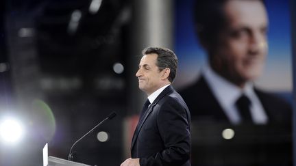 Nicolas Sarkozy lors de son discours &agrave; Villepinte (Seine-Saint-Denis) le dimanche 11 mars 2012. (LIONEL BONAVENTURE / AFP)