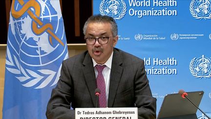 Le patron de l'OMS Tedros Adhanom Ghebreyesus a salué la "décision historique" des Etats-Unis de soutenir une levée temporaire des brevets sur les vaccins anti-Covid. Genève,&nbsp;le 5 janvier 2021 (HANDOUT / WORLD HEALTH ORGANIZATION)