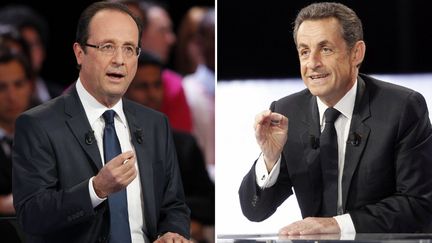 A cinq jours du premier tour, le sondage Ipsos-Logica Business Consulting donne Nicolas Sarkozy et Fran&ccedil;ois Hollande &agrave; 27% des intentions de vote.&nbsp; (THOMAS SAMSON / AFP)