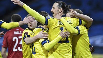 Zlatan Ibrahimovic et ses coéquipiers, lors du match Suède - Géorgie le 25 mars 2021. (JANERIK HENRIKSSON / TT NEWS AGENCY)