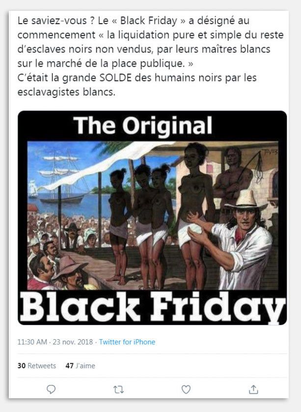 Tweet reliant le Black Friday à la traite négrière. (CAPTURE D'ÉCRAN)