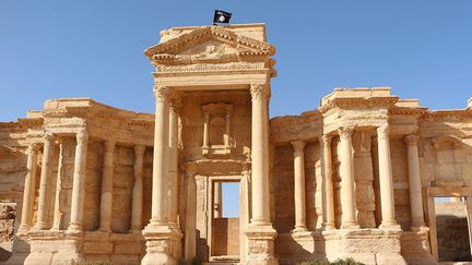 Le drapeau du groupe Etat islamique sur le site antique de Palmyre, sur une image diffus&eacute;e par l'EI le 28 mai 2015.&nbsp; (WELAYAT HOMS / AFP)