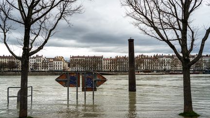 Les quais du Rhône lors d'un épisode de crue, le 3 février 2021 à Lyon. (NICOLAS LIPONNE / HANS LUCAS)