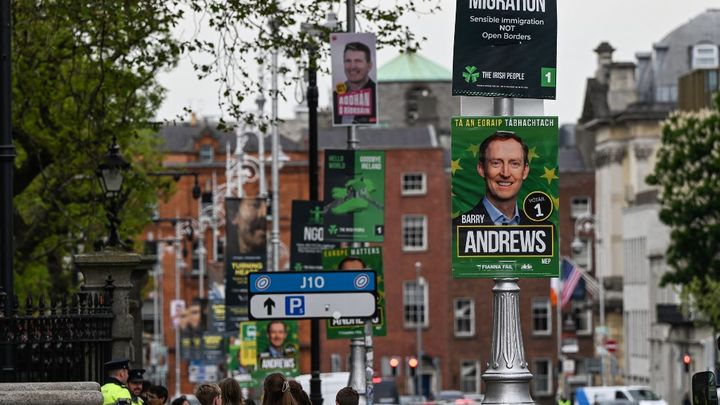 Campaign posters for the European elections in a street in Dublin (Ireland), May 8, 2024. (ARTUR WIDAK / NURPHOTO / AFP)