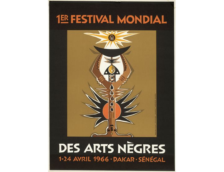 Affiche du premier Festival des arts nègres de Dakar, 1966. Illustration d'après une oeuvre d'Ibou Diouf - Musée du quai Branly - Jacques Chirac, Paris (Ibrahima Diouf © musée du Quai Branly - Jacques Chirac)