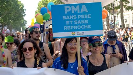 Une pancarte pour la PMA, lors de la gay-pride à Paris, le 29 juin 2019. (BRUNO LEVESQUE / MAXPPP)