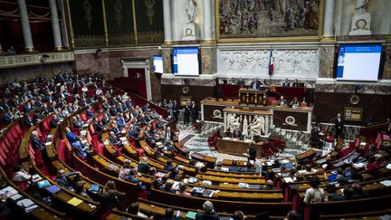 Assemblée nationale le 31 octobre 2024. Vue panoramique de l'hémicycle avec les bancs des différents partis politiques, de la majorité et l'opposition. (XOSE BOUZAS / HANS LUCAS /AFP)