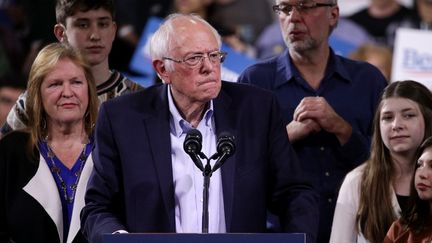 Le candidat aux primaires démocrates, Bernie Sanders, lors d'un meeting pour le "Super Tuesday", le 3 mars 2020 à Essex Junction (Vermont, Etats-Unis). (ALEX WONG / GETTY IMAGES NORTH AMERICA / AFP)