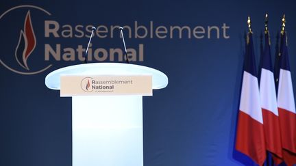 Un podium du Rassemblement national, lors des élections européennes, le 26 mai 2019 à Paris. (BERTRAND GUAY / AFP)