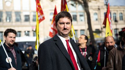 Rassemblement devant la gare du Nord à Paris à l'appel de la CGT-Cheminots en présence de Laurent Brun,&nbsp;le&nbsp;5 novembre 2019.&nbsp; (CHRISTOPHE MORIN / MAXPPP)