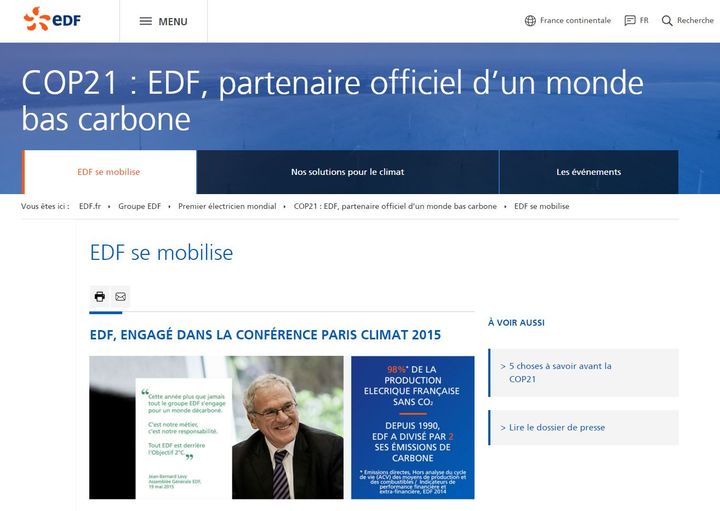 Capture d'écran du site d'EDF. La page montre la communication employée par ce sponsor de la conférence climat qui se déroule au Bourget.&nbsp; (EDF)