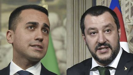 Le responsable du Mouvement 5 étoiles, Luigi Di Maio (à gauche), le 7 mai 2018, et le leader de la Ligue, Matteo Salvini (à droite), le 12 avril, à Rome. (TIZIANA FABI / AFP)