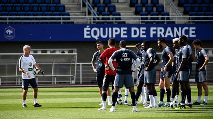 Didier Deschamps et l'équipe de France lors d'une session d'entraînement à Clairefontaine (Yvelines), le 30 mai 2018. (FRANCK FIFE / AFP)