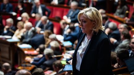 Marine Le Pen, présidente du groupe RN, quitte la séance publique des questions au gouvernement dans l'hémicycle de l'Assemblée, à Paris, le 12 novembre 2024. (XOSE BOUZAS / HANS LUCAS / AFP)