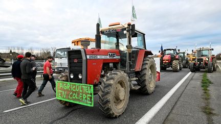 Des agriculteurs bloquent l'A64 à Carbonne, entre Toulouse et Saint Gaudens, en Haute-Garonne, le 18 janvier 2024. (NATHALIE SAINT AFFRE / MAXPPP)