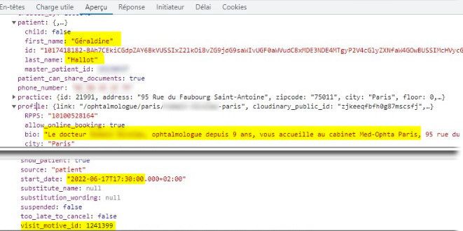 Captures d'écran montrant les informations en clair et donc visibles par Doctolib. (CELLULE INVESTIGATION DE RADIO FRANCE)