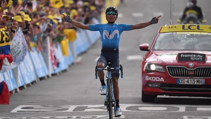 Nairo Quintana remporte en solitaire la 18e étape du Tour de France à Valloire, jeudi 25 juillet 2019. (MARCO BERTORELLO / AFP)