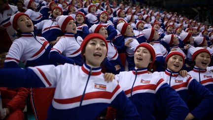 Les pomp-pom girls nord-coréennes lors d'un match de l'équipe de hockey réunifiée de Corée. (ED JONES / AFP)