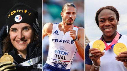 La biathlète Julia Simon, le coureur du 800m Gabriel Tual et la judoka Clarisse Agbégnénou, trois sportifs français sous contrat avec un ministère. (AFP)