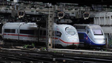 Un train Ice 3 de la Deutsche Bahn et un TGV de la SNCF, le 23 juillet 2015 à la gare de l'Est, à Paris. (ERIC PIERMONT / AFP)