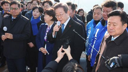 South Korean opposition leader Lee Jae-myung on January 2, 2024 in Busan, South Korea.  (YONHAP / AFP)