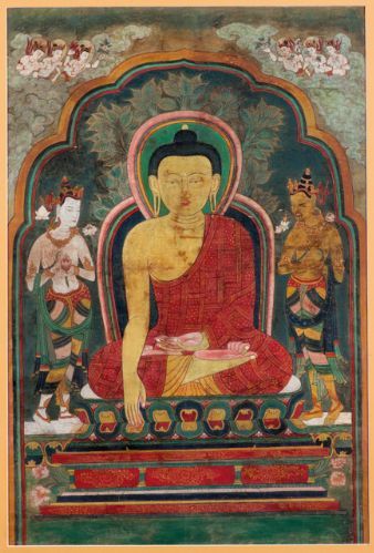 Bouddha Sakyamuni, divinité sur toile de coton, présenté à l'exposition "Art sacré du Tibet" à la Fondation Bergé - Saint Laurent.
 (Collection Alain Bordier)