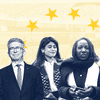 Christophe Gomart (LR), Rima Hassan (LFI), Priscillia Ludosky (EELV) et Malika Sorel (RN) sont tous candidats aux élections européennes, et novices en politique. (HELOISE KROB / FRANCEINFO)