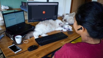 Une personne en télétravail à Montaigu (Vendée) le 30 juin 2021. Elle&nbsp;alterne chaque semaine, depuis l'allègement des mesures pour lutter contre la propagation de la Covid19, teletravail et présentiel en 2 jours, 3 jours. (MATHIEU THOMASSET / HANS LUCAS / AFP)