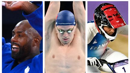 Teddy Riner (judo), Léon Marchand (natation) et Joris Daudet (BMX Racing) ont rapporté trois nouvelles médailles d'or à la délégation tricolore, vendredi 2 août 2024. (AFP)