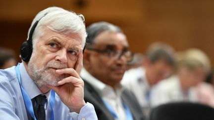 Jim Skea assiste à l'ouverture de la 50e session plénière du Giec à Genève (Suisse), le 2 août 2019. (FABRICE COFFRINI / AFP)