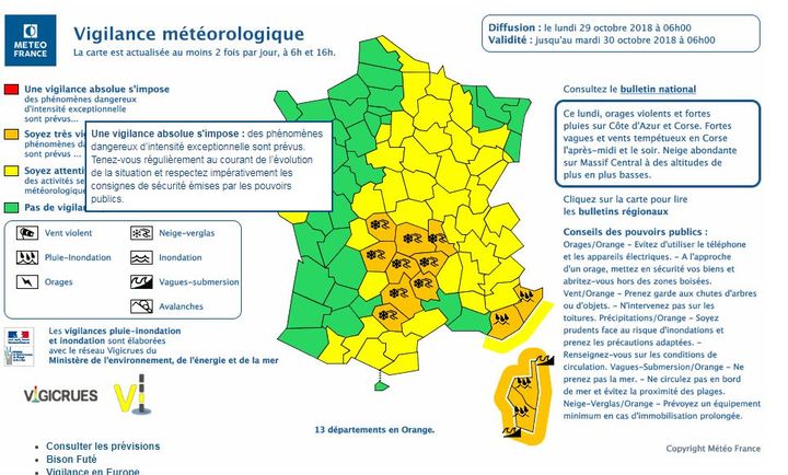 Capture écran du site Météo France, le 28 octobre 2018. (METEO FRANCE)