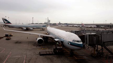 Un avion de la compagnie&nbsp;Cathay Pacific, sur le tarmac de l'aéroport international de Hong Kong, le 2 septembre 2014. (STRINGER / IMAGINECHINA)