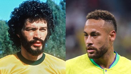 Socrates( à gauche) lors de la Coupe du monde du football 1986 au Mexique et Neymar au Mondial au Qatar en 2022. (VIRGINIE LEFOUR / BELGA MAG / Belga via AFP et AFP PHOTO/JORGE DURAN)