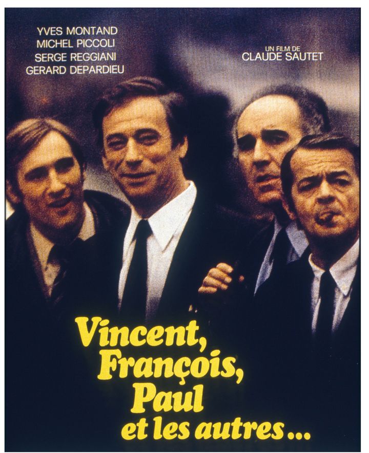 Détail de l'affiche du film de Claude Sautet "Vincent, François, Paul... et les autres" avec Gérard Depardieu, Yves Montant, Michel Piccoli et Serge Reggiani. (LIRA FILMS / ARCHIVES DU 7EME ART)