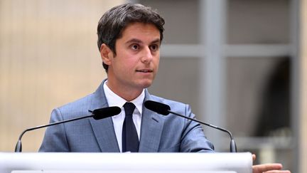 Le ministre de l'Education, Gabriel Attal, lors de la conférence de presse de rentrée pour l'année scolaire, le 28 août 2023. (BERTRAND GUAY / AFP)