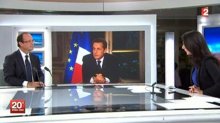 François Hollande sur le plateau de France 2, et une image de Nicolas Sarkozy (AFP)