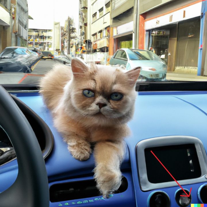 Une image d'un chat sur le tableau de bord d'une voiture générée par franceinfo grâce au logiciel DALL-E2. (DALL-E 2 / FRANCEINFO)