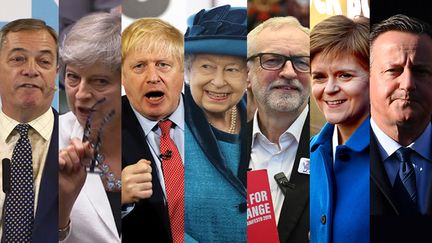 De gauche à droite : Nigel Farage, Theresa May, Boris Johnson, Elizabeth II, Jeremy Corbyn, Nicola Sturgeon, David Cameron. (GEOFF CADDICK / PRU /  PETER NICHOLLS / TOLGA AKMEN / OLI SCARFF / DANIEL LEAL-OLIVAS  / ANDY BUCHANAN /AFP)