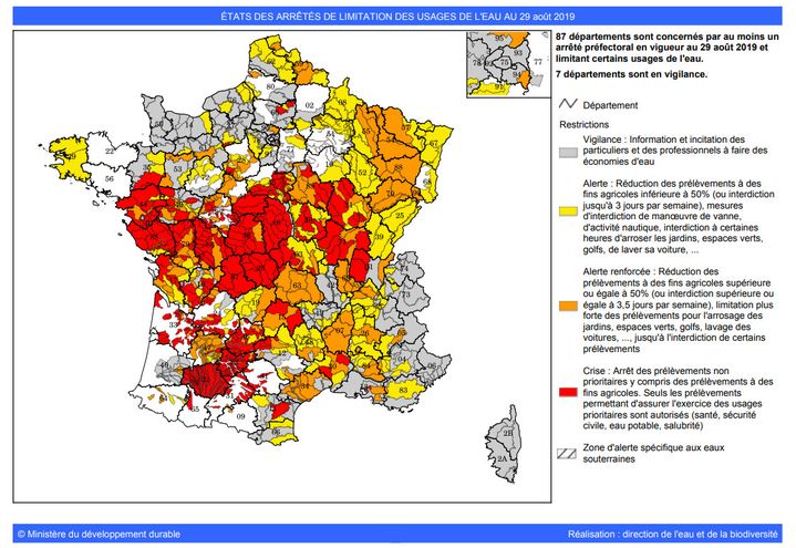 La carte des zones de sécheresse en France, le 29 août 2019. (PROPLUVIA)