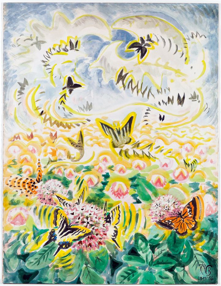 "Butterfly Festival" de Charles Burchfield, 1956, aquarelle sur papier, 94×66 cm illustrant l'ouvrage "Poésie - d'Emily Dickinson". Collection particulière. (BURCHFIELD PENNEY ARCHIVES)