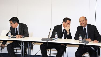 François Fillon, Nicolas Sarkozy et Alain Juppé ensemble à Paris le 2 décembre 2014 à Paris à un meeting de l'UMP. (DOMINIQUE FAGET / POOL)