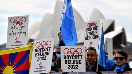 Au-delà de la classe politique, la société civile, comme ici à Sydney, a régulièrement appelé au boycott des Jeux de Pékin au motif&nbsp;de la situation des droits humains dans le pays. (SAEED KHAN / AFP)