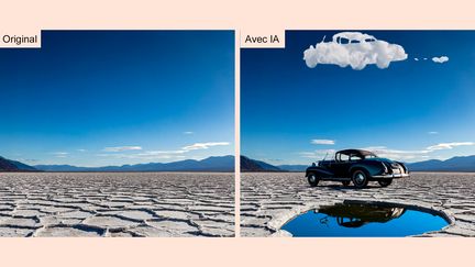 Présentation par Adobe de l'IA Firefly, intégrée dans son logiciel Photoshop : la photo de départ (à gauche) et la photo enrichie avec un point d'eau, une voiture ancienne qui s'y reflète et un nuage en forme de voiture. (BLOG.ADOBE.COM)