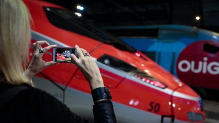 Une voyageuse prend des photos du premier Frecciarossa, le train à grande vitesse de la compagnie nationale italienne Trenitalia qui quitte la gare de Lyon sur la ligne Milan-Turin-Lyon-Paris, le 18 décembre 2021.&nbsp; (GEOFFROY VAN DER HASSELT / AFP)